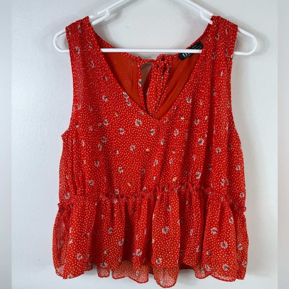 Zara TRF‎ Collection Womens Medium Sleeveless Floral Blouse Ruffle Tie Back Red